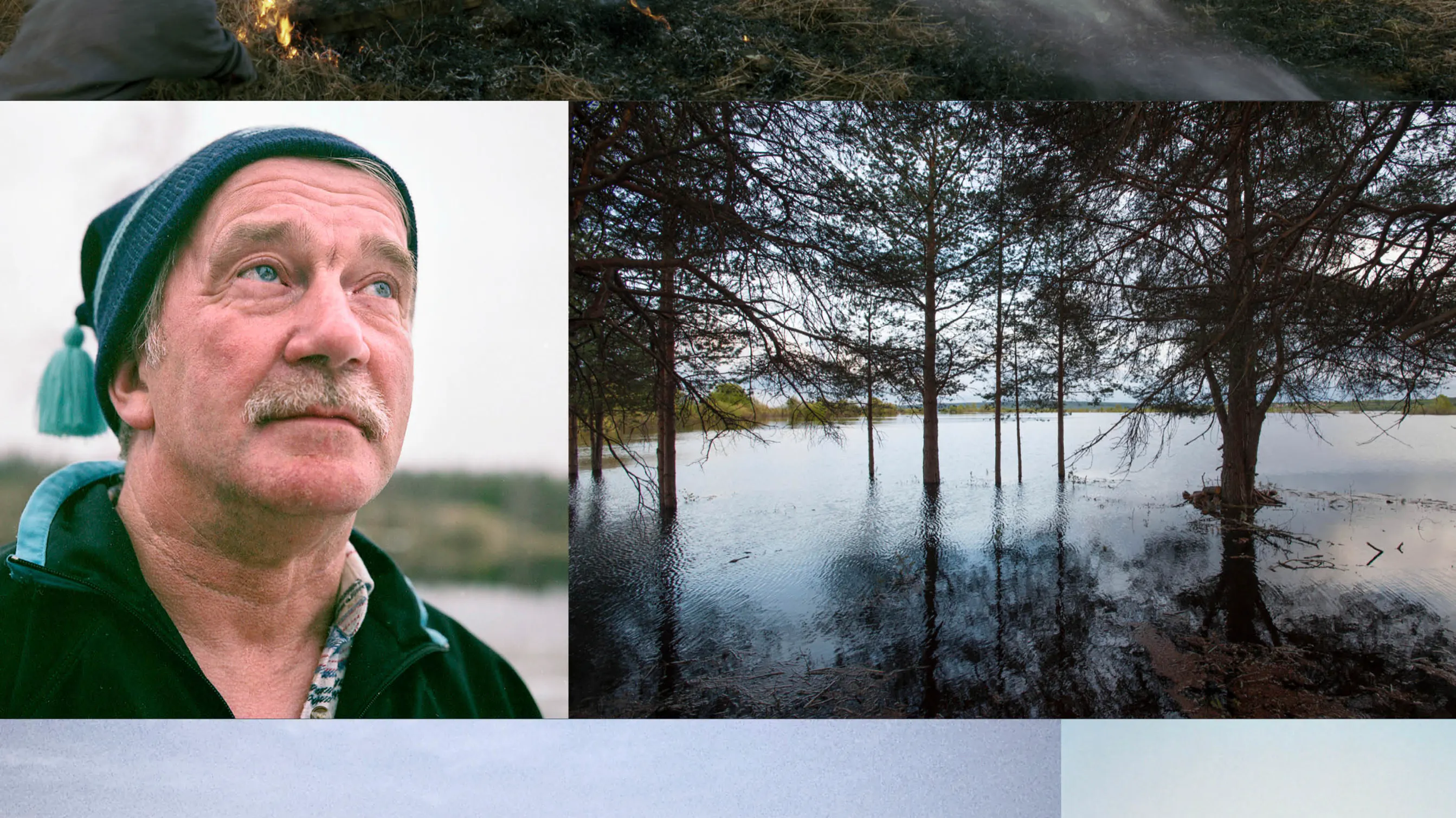 Ajatuspaikka. Tornedalsteatern. Ett mansansikte i förgrunden, vinterlandskap i bakgrunden. 